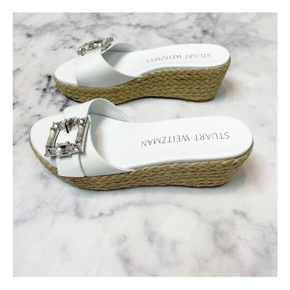 Stuart Weitzman Saint Tropez Crystal Buckle Slide Espadrille Wedge Sandals NWOB - Picture 5 of 12